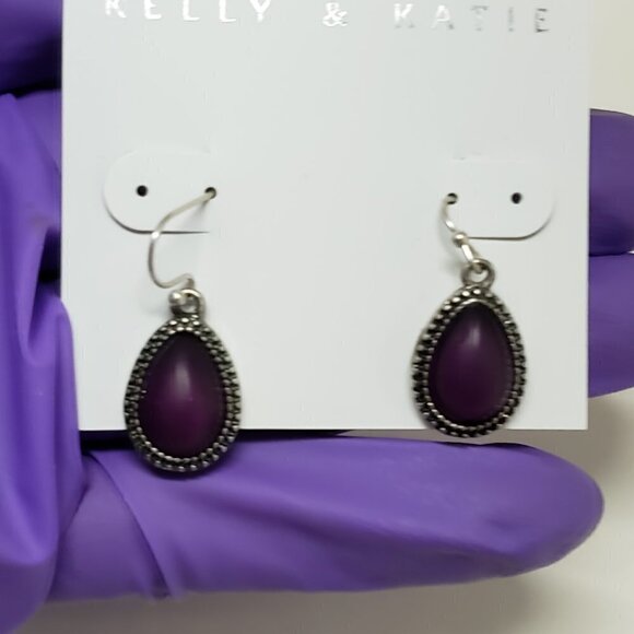 Women's Silver tone Dainty Design Purple Stone Fishhook Teardrop Earrings - Picture 6 of 6